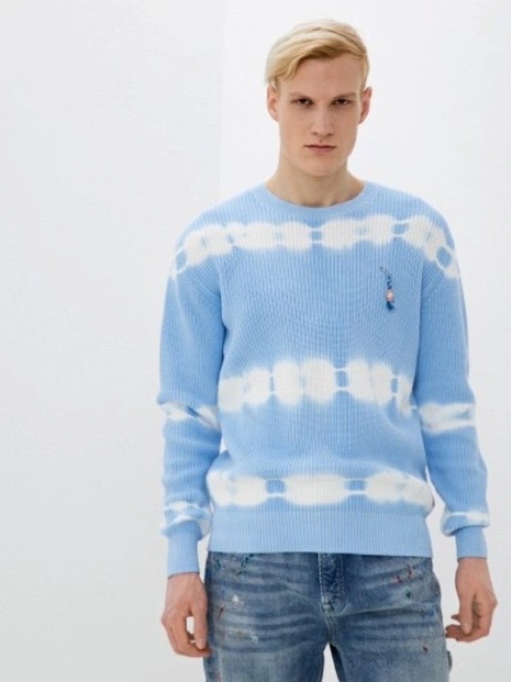 Scotch & Soda Light Blue and White Tie-Dye Crewneck Sweater